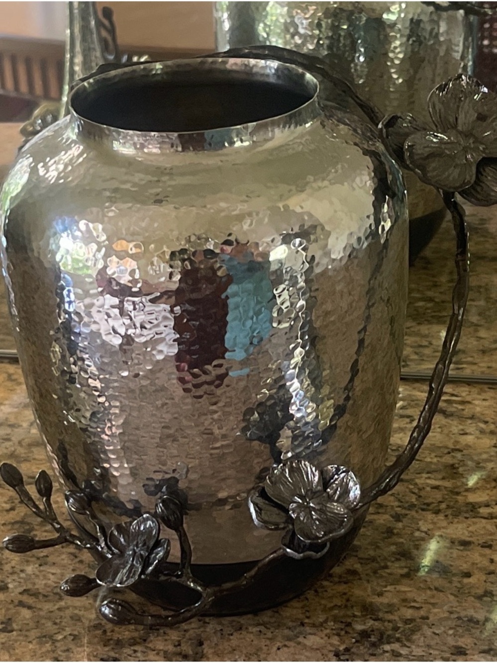 Michael Aram Silver Hammered Vase with Black Base and Floral Accent - Picture 3 of 3